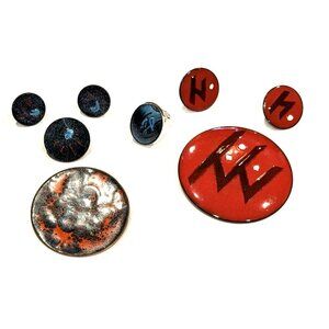 MCM DANISH GERMAN COPPER RED ENAMEL BLACK BROOCH Screwback Earrings & RING LOT